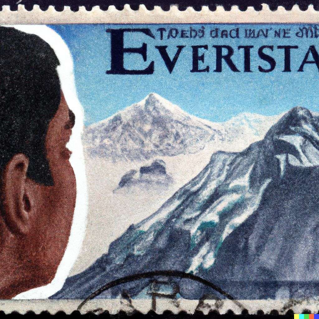 someone gazing at Mount Everest, postage stamp